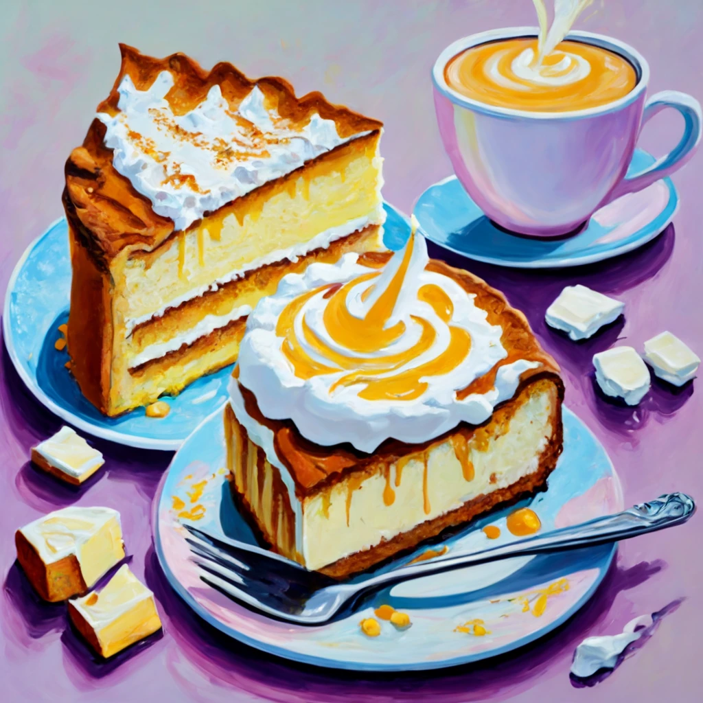 
oil palette knife painting, oil painting on canvas, A fragrant cup of vanilla cappuccino and a piece of butter cake on a plate, drawing with large strokes, impressionism, Game of the World, high detail, The work of the wizard, cappuccino foam wrote the text "GOOD MORNING"