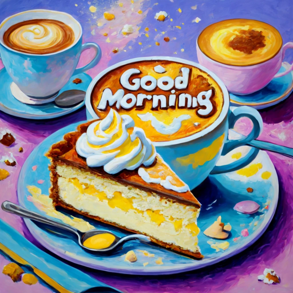 
oil palette knife painting, oil painting on canvas, A fragrant cup of vanilla cappuccino and a piece of butter cake on a plate, drawing with large strokes, impressionism, Game of the World, high detail, The work of the wizard, cappuccino foam wrote the text "GOOD MORNING"