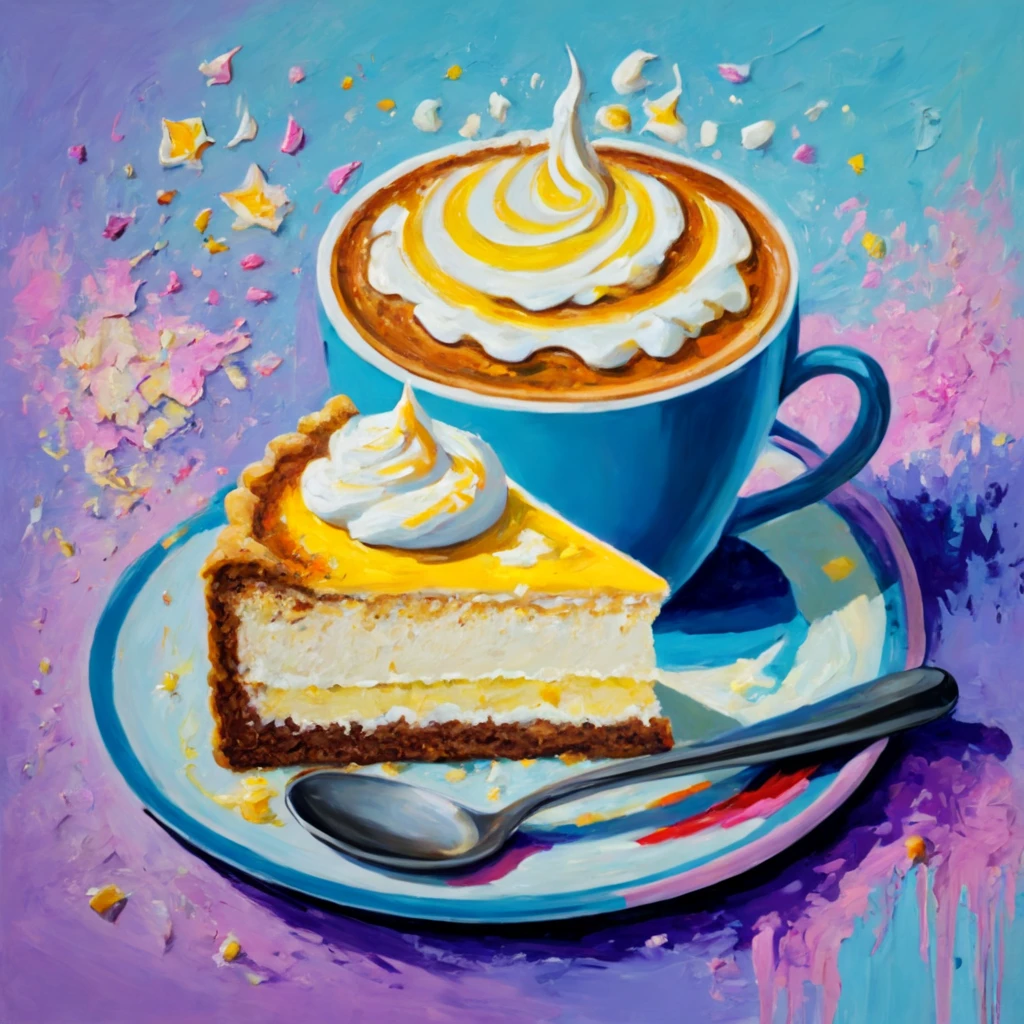 
oil palette knife painting, oil painting on canvas, A fragrant cup of vanilla cappuccino and a piece of butter cake on a plate, drawing with large strokes, impressionism, Game of the World, high detail, The work of the wizard, cappuccino foam wrote the text "GOOD MORNING"