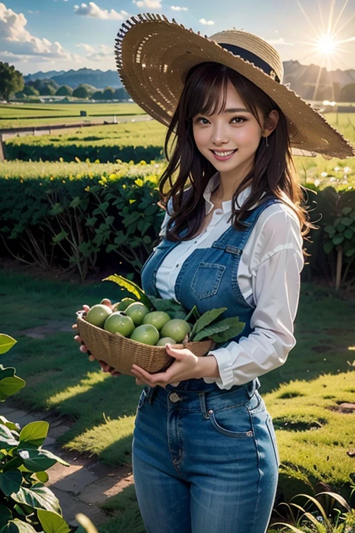 (best quality,8k,highres,masterpiece:1.2),stunningly beautiful woman in her 20s,working on a farm,with long sleeves,long pants,(straw hat),vivid colors,ultra-detailed,farm scenery,agricultural tools,plentiful harvest,peaceful atmosphere,warm sunlight,sharp focus,realistic lighting,photorealistic,landscape,portrait,lovely,organic crops,farmland,greenery,fresh air,happy expression,farmer's market,abundant fruits and vegetables,lush fields,endless rows of crops,bountiful harvest,working in harmony with nature,sense of fulfillment and joy.