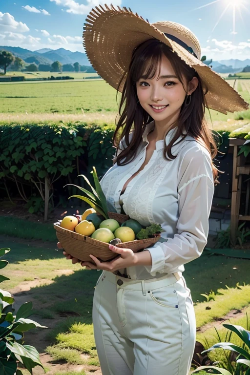 (best quality,8k,highres,masterpiece:1.2),stunningly beautiful woman in her 20s,working on a farm,with long sleeves,long pants,(straw hat),vivid colors,ultra-detailed,farm scenery,agricultural tools,plentiful harvest,peaceful atmosphere,warm sunlight,sharp focus,realistic lighting,photorealistic,landscape,portrait,lovely,organic crops,farmland,greenery,fresh air,happy expression,farmer's market,abundant fruits and vegetables,lush fields,endless rows of crops,bountiful harvest,working in harmony with nature,sense of fulfillment and joy.