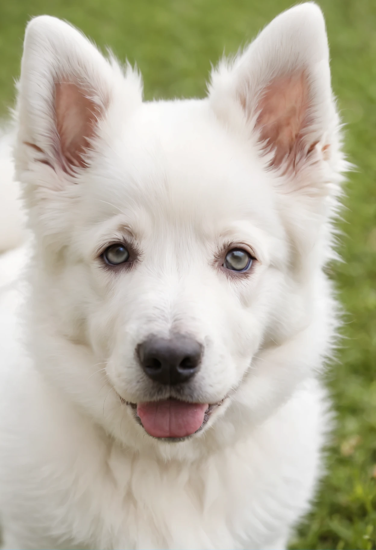 best quality and ultra detailed,realistic,white swiss shepherd puppy,1 year old,female, fluffy fur,Detailed eyes and nose,cute and playful expression,rolling green lawn,colorful flowers,bright and sunny day,portrait,soft pastel colors,natural light