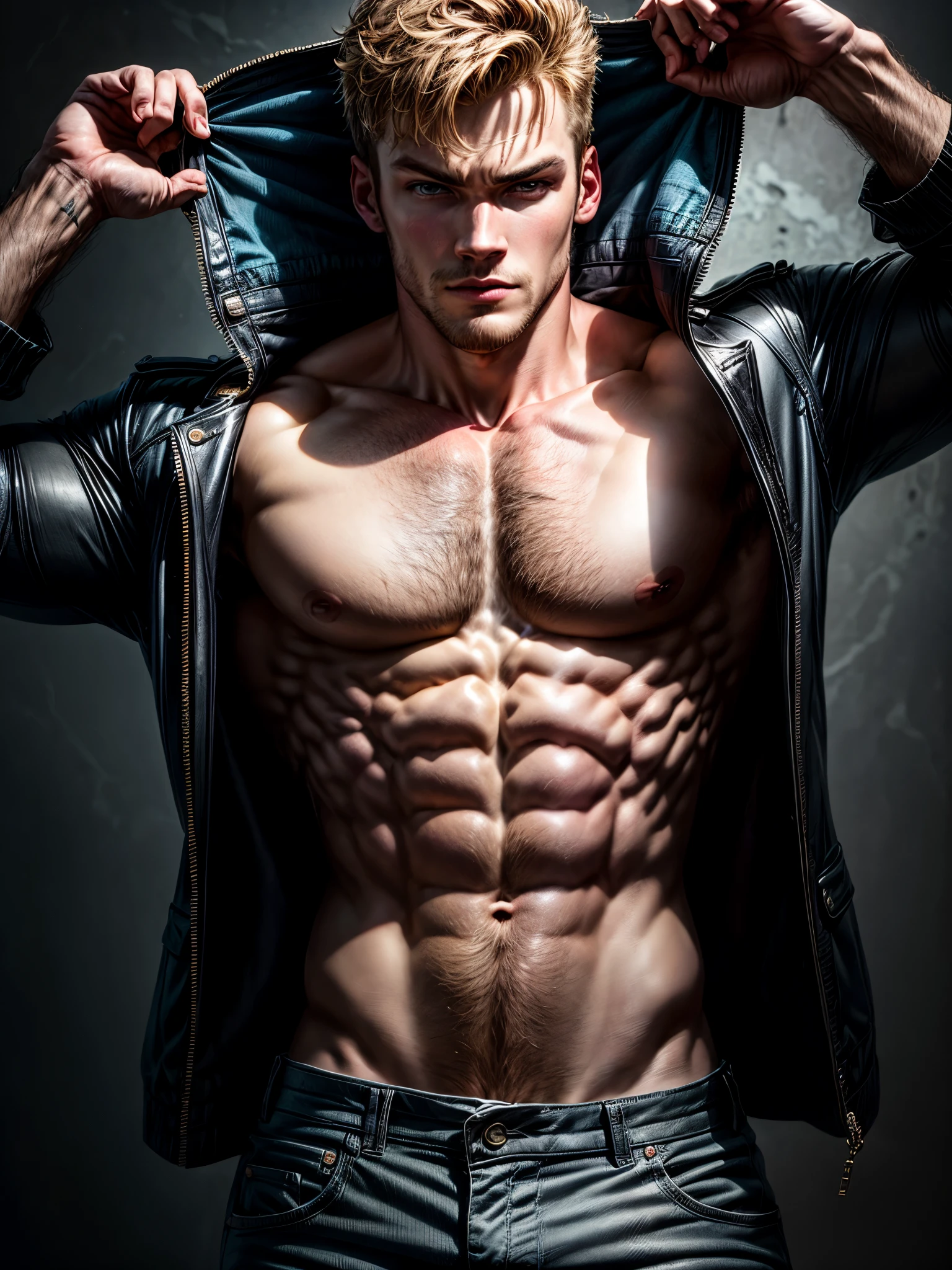 Actor "Alan Ritchson", Hombre, Ojos detallados, Rostro detallado, Cuerpo detallado y musculoso, Doing epic pose, Se muestra solo la parte superior de su cuerpo, Maximum quality and detail.