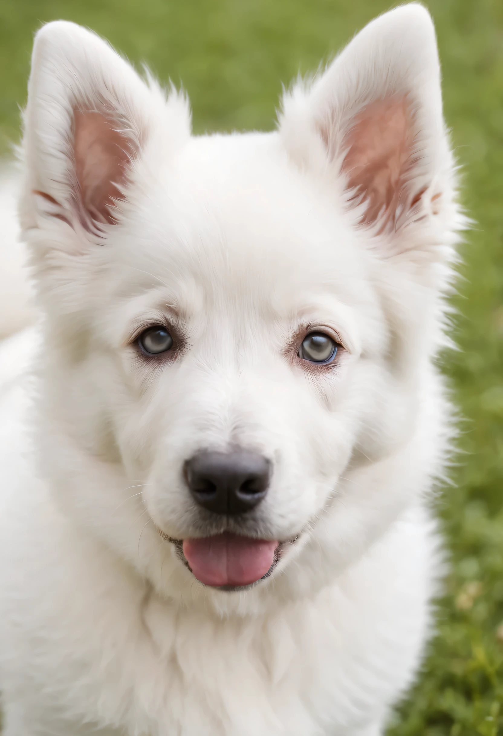 Top quality and very detailed,realistic,white swiss shepherd puppy,1 ,female, fluffy fur,Detailed eyes and nose,Cute and playful expression,rolling green lawn,colorful flowers,Bright and sunny day,portrait,soft pastel colors,natural light