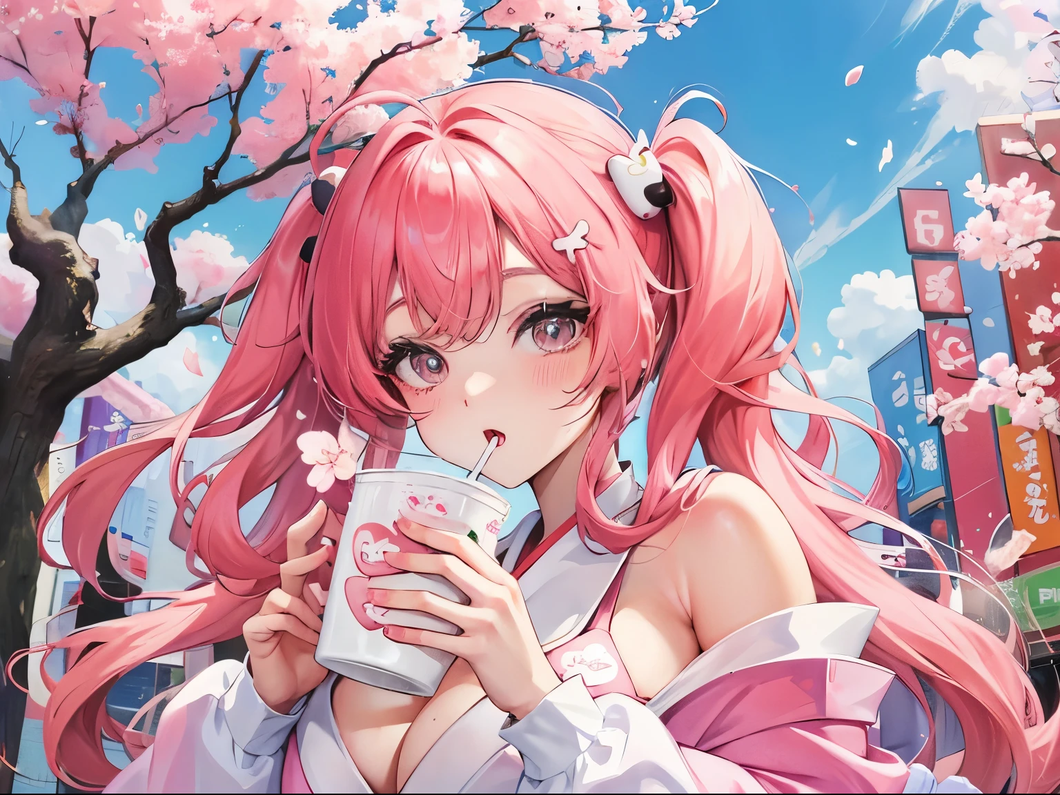 funkpop looking adorable. Drinking milk. Japanese street style. Love hearts, cherry blossoms. Holding a cup of milk. White milk splashes. Large breasts. Puzzle pieces and heart motifs