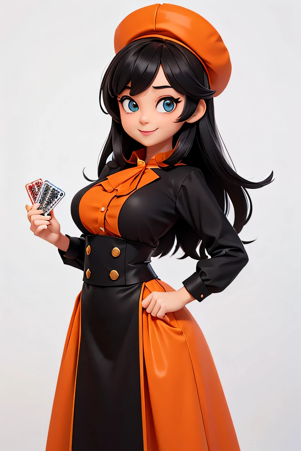 a girl,8k highly detailed, casual games, , 3D art style, Half body photo,White background,big eyes,black hair,Lovely,orange clothes,dealer,solid color background,long hair,Smile,full,proudly,E杯,Business line,boobgasm,playing cards in hand