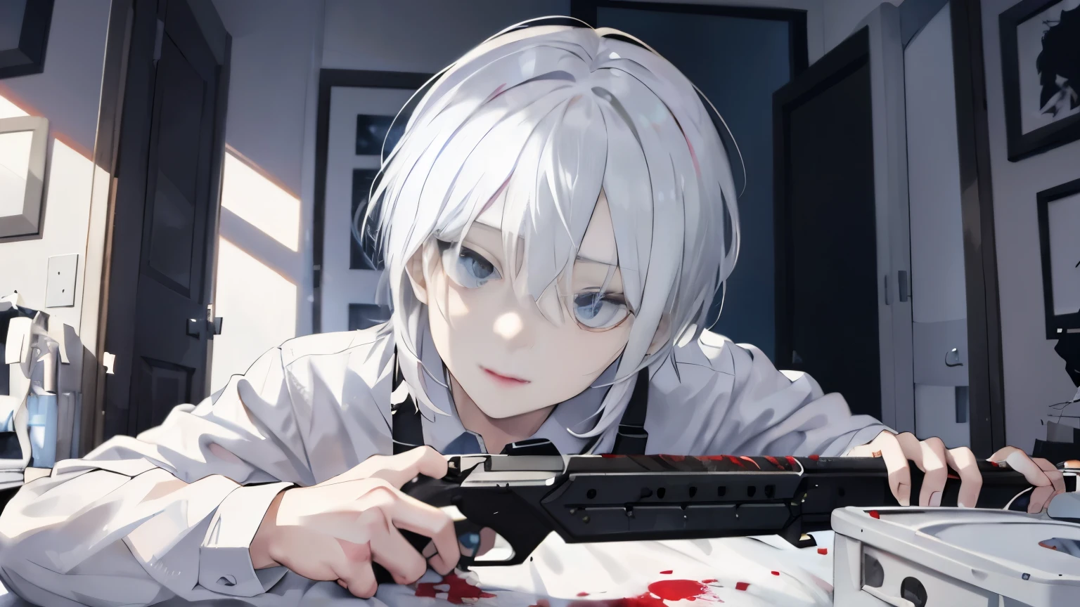 White haired killer, room, murder, shooting, psycho, blue eyes, dead body, detailed