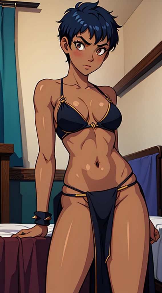 1 girl, solo, TARANEE, w.i.t.c.h, navy blue hair, brown eyes, ((dark skin)), (spikey hair), short hair, ((medium breast)), sexy petite, look at viewer, black curtain bikini top, medieval bedroom, ((black loincloth, pelvic curtain)), low cut, revealing clothes, see through attire, blush, sexy girl with dark complexion, seductive lady, on her bed, legs spread, left hand on breast, ((desire expression)), 