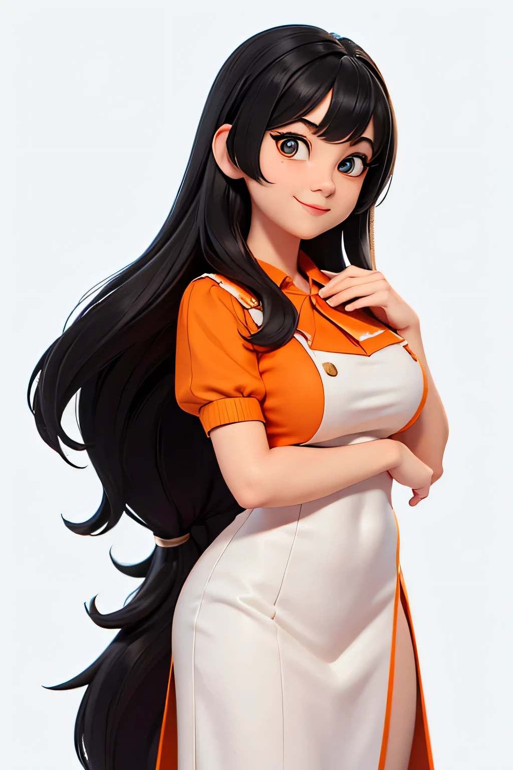 a girl,8k highly detailed, casual games, , 3D art style, Half body photo,White background,big eyes,black hair,Lovely,orange clothes,dealer,solid color background,long hair,Smile,full,proudly,E杯,Business line,boobgasm,playing cards in hand