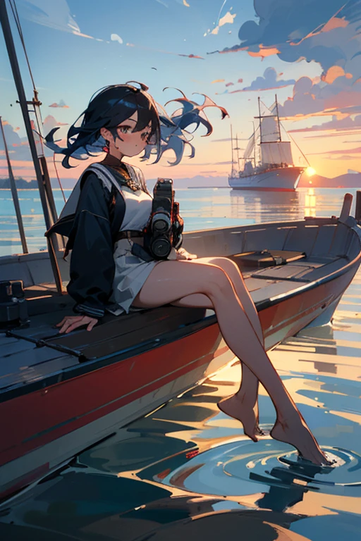 Illustracion, (masterpiece: 1.4), ultrasharp, famous work-art, dinamic-composition, cinematic lightting (at night), dark blue sheen, lumen reflections, enlarged textures, Unreal 5, (aerial view photography),(2-girls) on the right side (one-brown girl 15 years old), walkin on water (one-white girl 21 years old) sitting on tree, Plump and glossy lips, Detailed eyes, Swollen eyes, Shining eyes, blush face, Hair detailed, black hair to the girl stands on right side, blue hair to the girl stands on left side,hair mesh blue, (fit body), tight-breast, (attire: schoolar), Details of complex ornaments on hair, Holding a camera, background: (beach), foreground: ship, distant horizon: Wind generators, sparkling motes, cloudy,