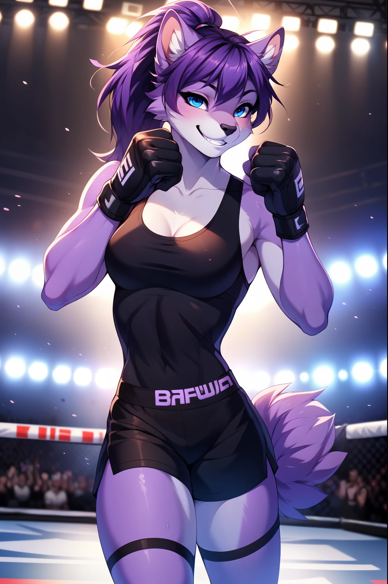 Kaori, purple squirrel girl, blue eyes, purple pony tail, purple hair, purple furry body, cute snout, black nose, by fumiko, by hyattlen, by hioshiru, wearing black tank top, black short shorts, barefoot, four toes, feet paws, wearing black ufc gloves, exposed fingers, hands balled into fists, facing viewer, pov, fighting stance, grinning, perfect teeth, furrowed eyebrows, standing in a ufc octagon ring, huge crowd in the background, high quality, perfect anatomy