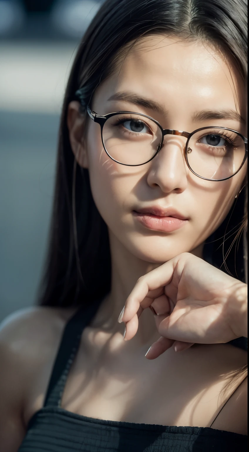 (RAW photo, best quality), (realistic, photo-realistic:1.3), extremely delicate and beautiful, Amazing, finely detail, masterpiece, ultra-detailed, highres, (best shadow),
sharp focus, volumetric fog, 8k UHD, DSLR, high quality, Fujifilm XT3,
a woman wearing glasses and a blue top posing for a picture in the street with her hand on her head, glasses, a picture, aestheticism