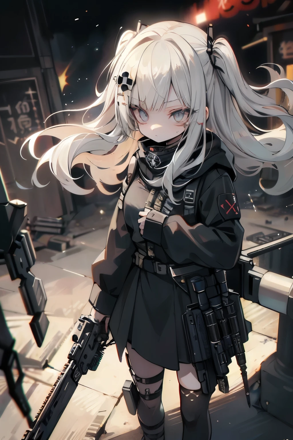 {{Masterpiece, top quality, highly detailed CG, unified 8k wallpaper, movie lighting, lens flare}}, 1 girl holding a rifle through the wall, wide view, thick body, long blonde hair soaring in the wind, green eyes, (holding a weapon, holding a rifle, aiming, aiming: 1.4), gun, h&k hk416, carbine, open fire, rubble, ruins of conflict areas, plumes, nitric smoke, blast waves, Flying bullets, sniper, 35mm, f/1.8, night, blue eyes, war, explosion