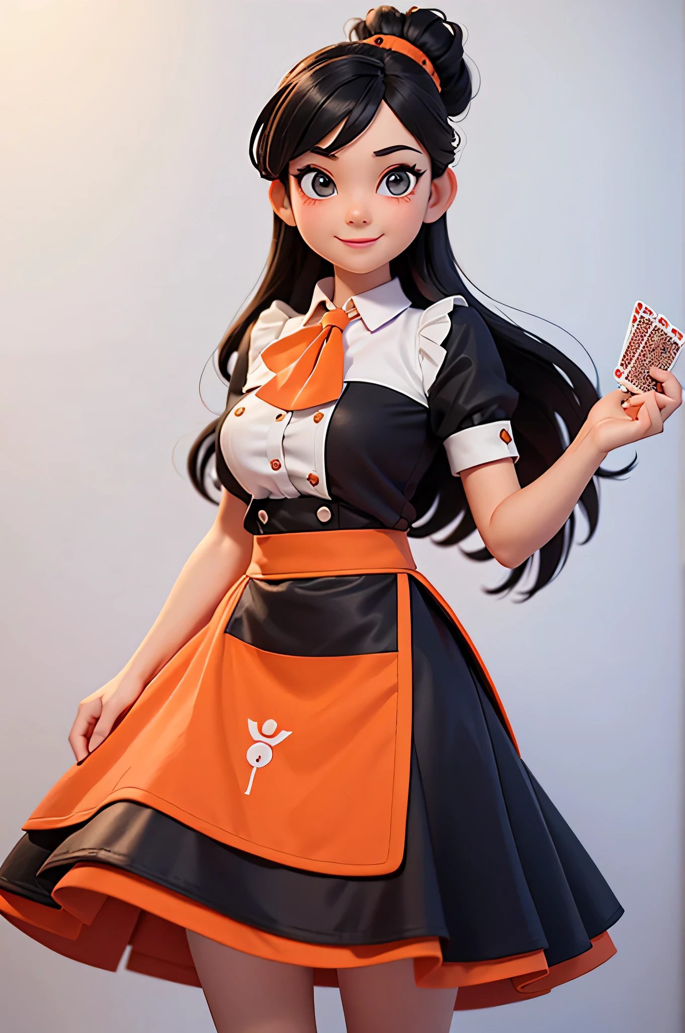 a girl,8k highly detailed, casual games, , 3D art style, Half body photo,White background,big eyes,black hair,Lovely,orange clothes,dealer,solid color background,long hair,Smile,full,proudly,E杯,Business line,boobgasm,playing cards in hand,Model posing,Wheat complexion