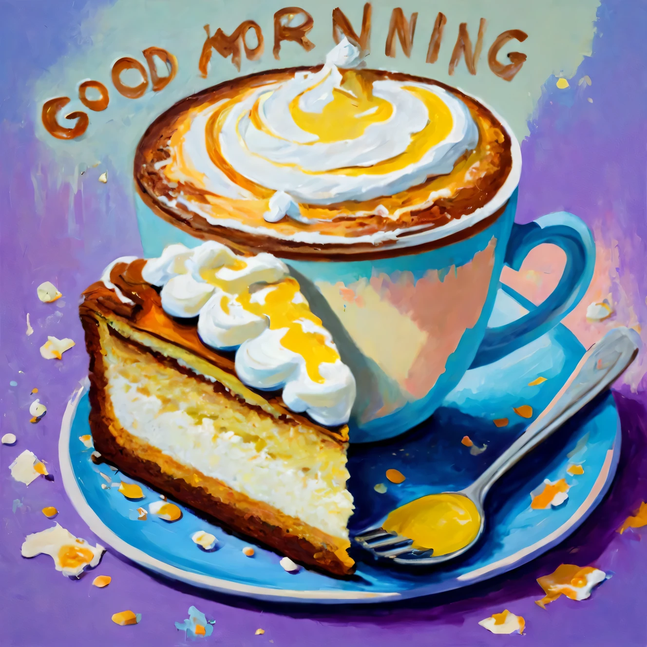 
oil painting with palette knife, oil painting on canvas, A fragrant cup of vanilla cappuccino and a piece of butter cake on a plate., drawing with large strokes, impressionism, The Game of the World, high detail, The work of the wizard, cappuccino foam wrote the text "Good morning"