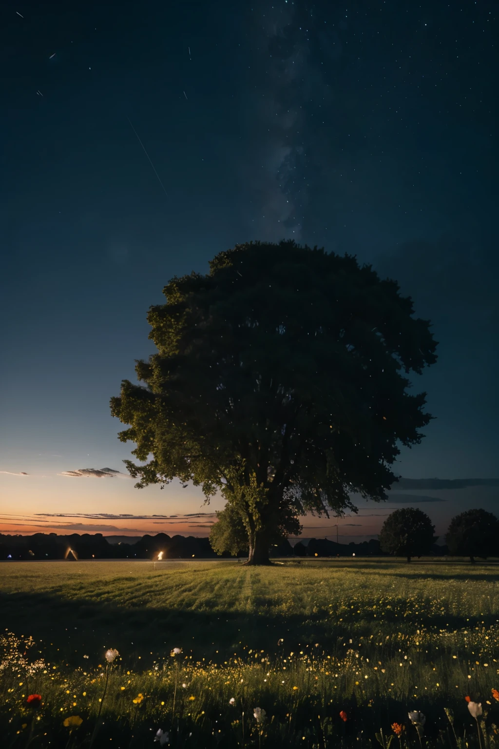 night vibes, field of coquelicot flowers , 8k, no blur, clear skies with clouds, big tree representing hope with big sky portion, clear sky, birthday party, confetti on the ground