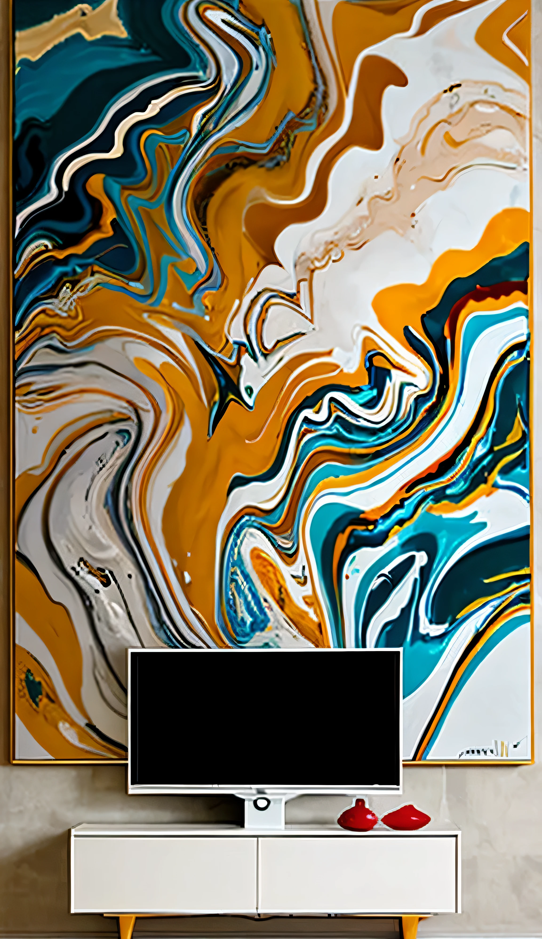 The living room has a TV and a large painted image of Alafid, Abstract liquid acrylic art, colored marble, organic acrylic flow art, liquid marble fluid painting, devoted to art, marbling, Engraved Marble Textured Silk Cloth, marbling effect, Mixed liquid acrylic, intricate flowing paint, Fluid Acrylic Pouring Art, acrylic pour painting, 有marbling的, agates