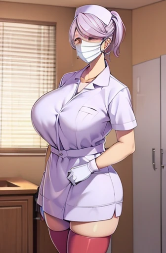 red nurse, 1womanl, Nurse, Nurse Cap, Redware, ((Red legwear, zettai ryouiki)), Red Elbow Gloves, Silver hair, Blue eyes, ((White surgical mask, Cover the nose)), Standing, ((surgery room)), sharp outline, Short sleeves, a matural female, 35 year old, Best Quality, masutepiece ,oversize boobs