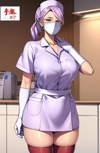 red nurse, 1womanl, Nurse, Nurse Cap, Redware, ((Red legwear, zettai ryouiki)), Red Elbow Gloves, Silver hair, Blue eyes, ((White surgical mask, Cover the nose)), Standing, ((surgery room)), sharp outline, Short sleeves, a matural female, 35 year old, Best Quality, masutepiece ,oversize boobs