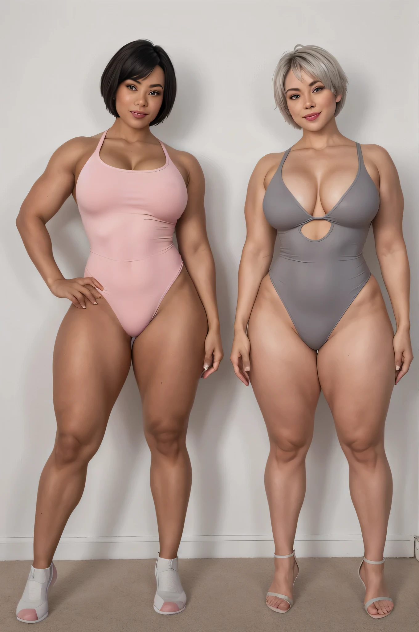 strong fit curvy bodybuilder female with muscular shaped legs, short grey hair, with other female in hi cut pink leotard, standing, full body shot
