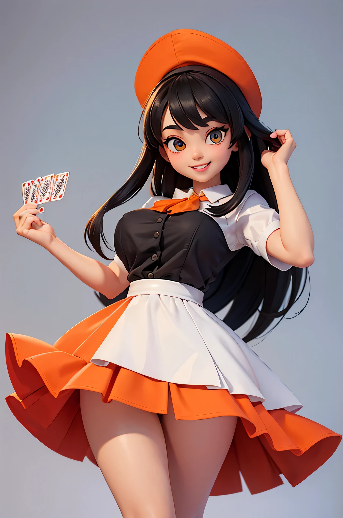 a girl,8k highly detailed, casual games, , 3D art style, Half body photo,White background,big eyes,black hair,Lovely,orange clothes,dealer,solid color background,long hair,Smile,full,proudly,E杯,Business line,boobgasm,playing cards in hand,Model posing