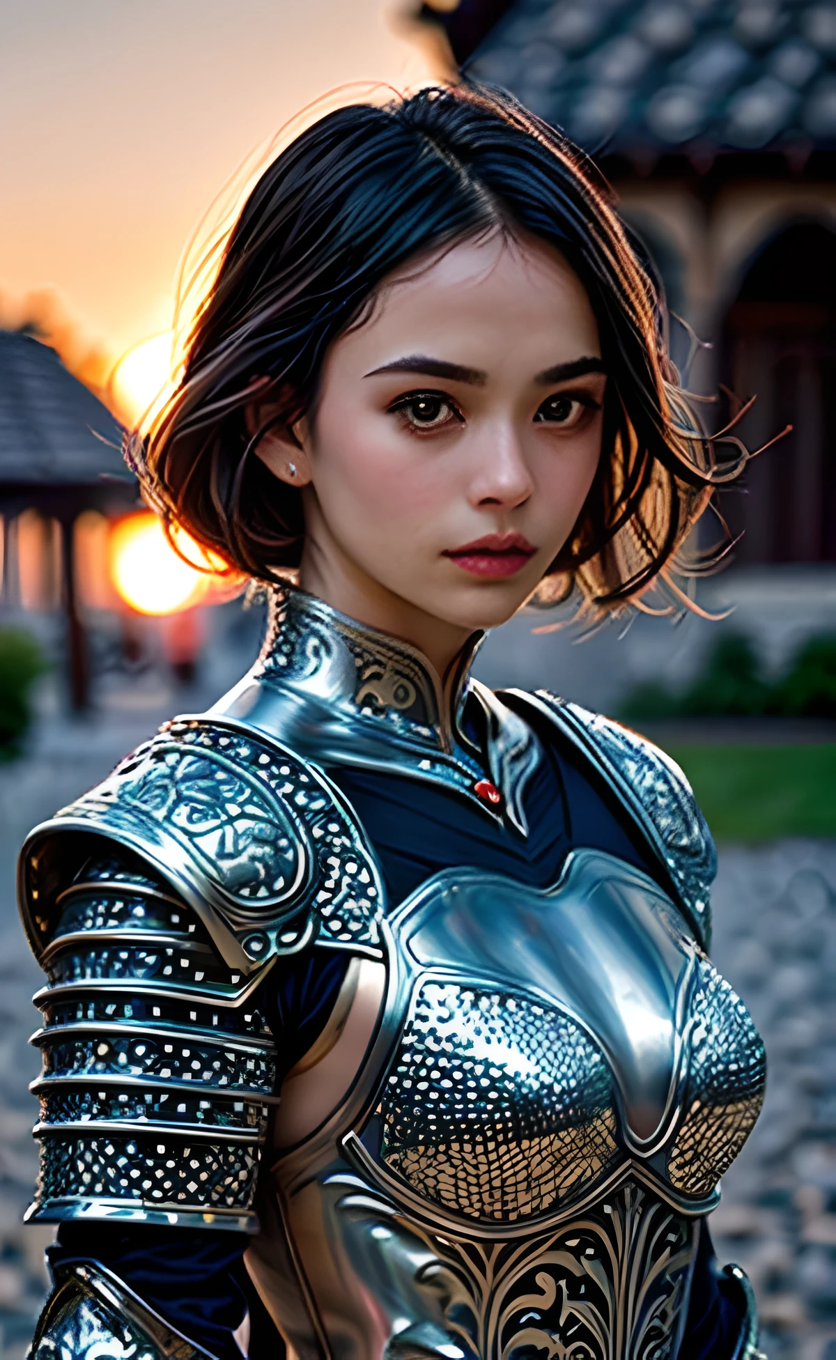 (masterpiece), (extremely intricate:1.3), (realistic photo:1.2), portrait of a girl, the most beautiful in the world, (medieval armor), (metal reflections:1.1), upper body, outdoors, intense sunlight, far away castle, professional photograph of a stunning woman detailed, sharp focus, dramatic, award winning, cinematic lighting, volumetrics dtx, (film grain, blurry background, blurry foreground, bokeh, depth of field, sunset, motion blur:1.3), chainmail