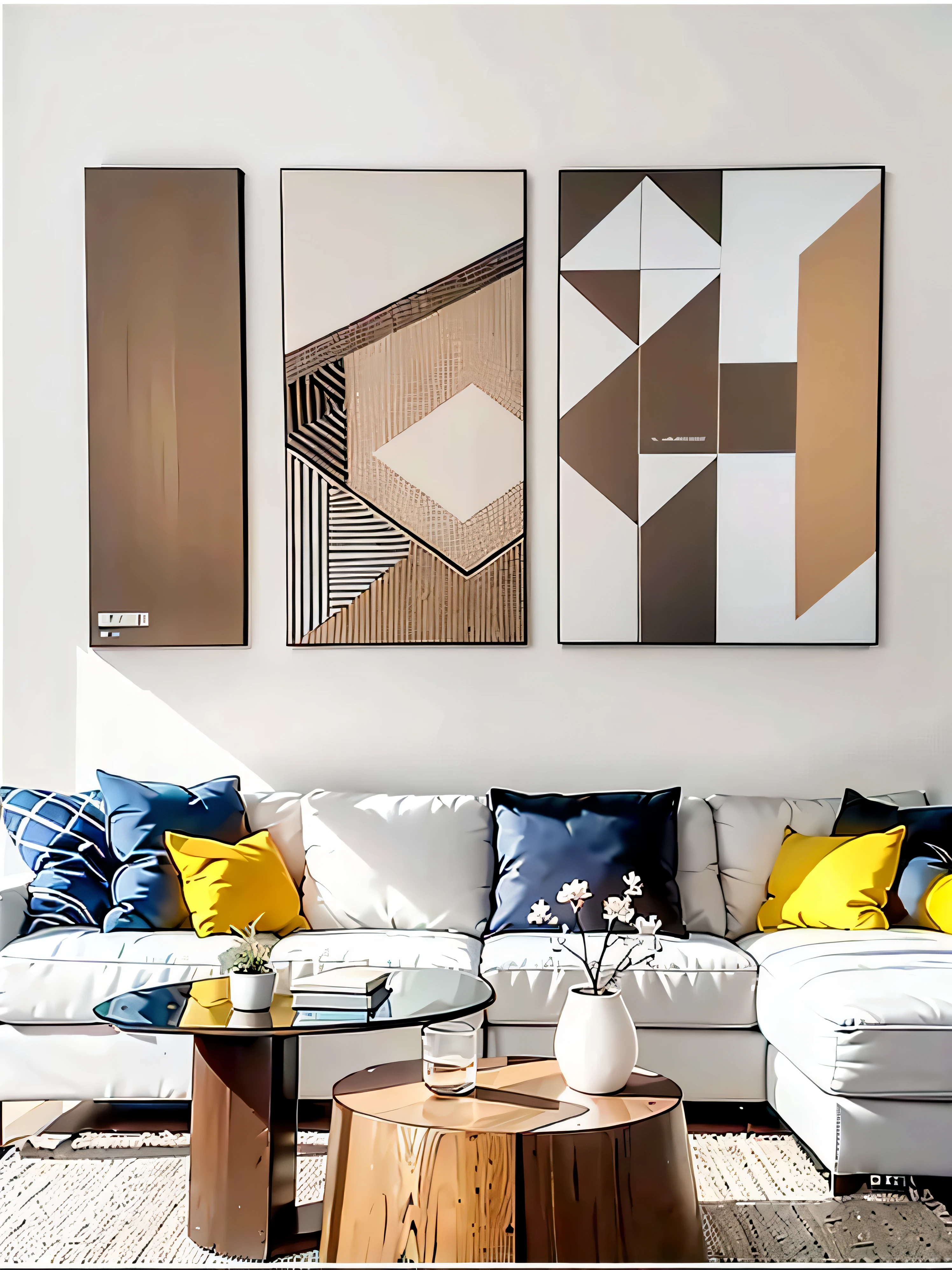 sofa、Close-up of table and two paintings on wall, art canvas, modern art style, abstract Geometric art, geometric abstract art, Abstract and simple, canvas art, canvas painting, Abstract geometric, canvas art print, living room background wall, Light brown, Geometric art, pop-art, Abstract minimalist art, Brown, Geometric abstract beauty