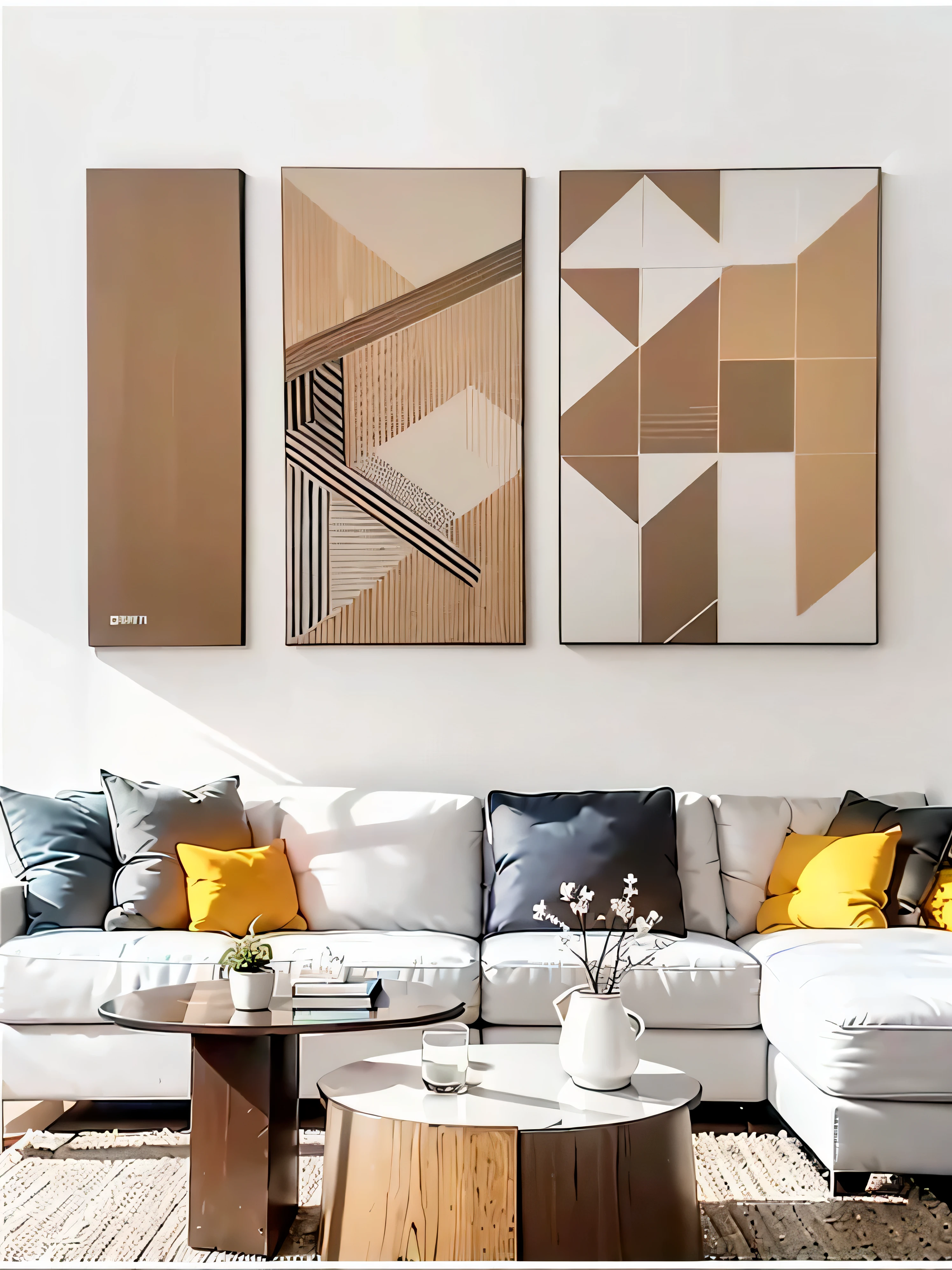 sofa、Close-up of table and two paintings on wall, art canvas, modern art style, abstract Geometric art, geometric abstract art, Abstract and simple, canvas art, canvas painting, Abstract geometric, canvas art print, living room background wall, Light brown, Geometric art, pop-art, Abstract minimalist art, Brown, Geometric abstract beauty