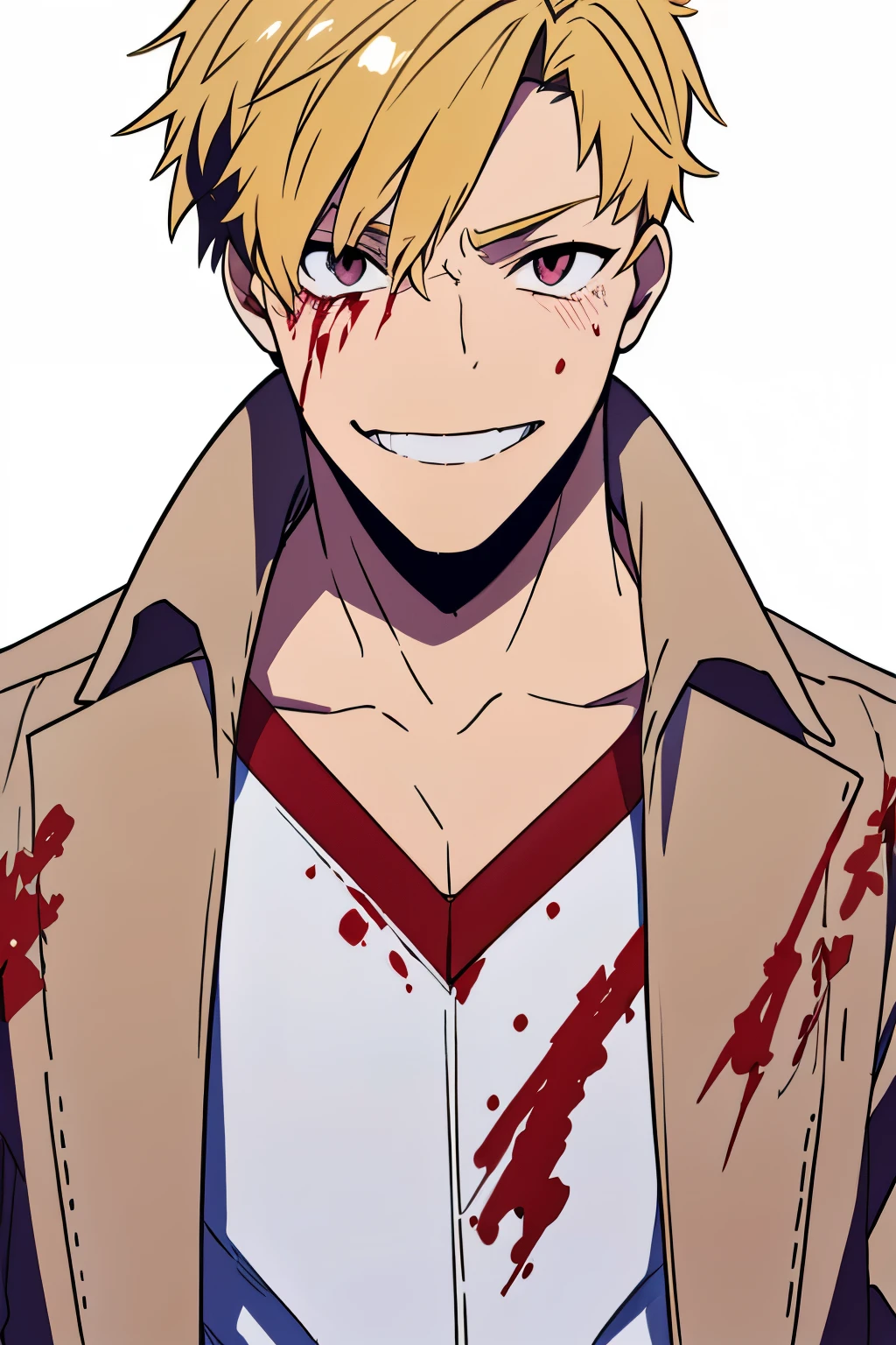 ratatatat74, ((Illustration)), (best quality)), ((masterpiece)), (detailed), anime, shiro, tousled hair, front face, white Jacket, no background, bloody on clothes, male focus, white background, front view, blond, shades, crazy smile, blood on face, teenager