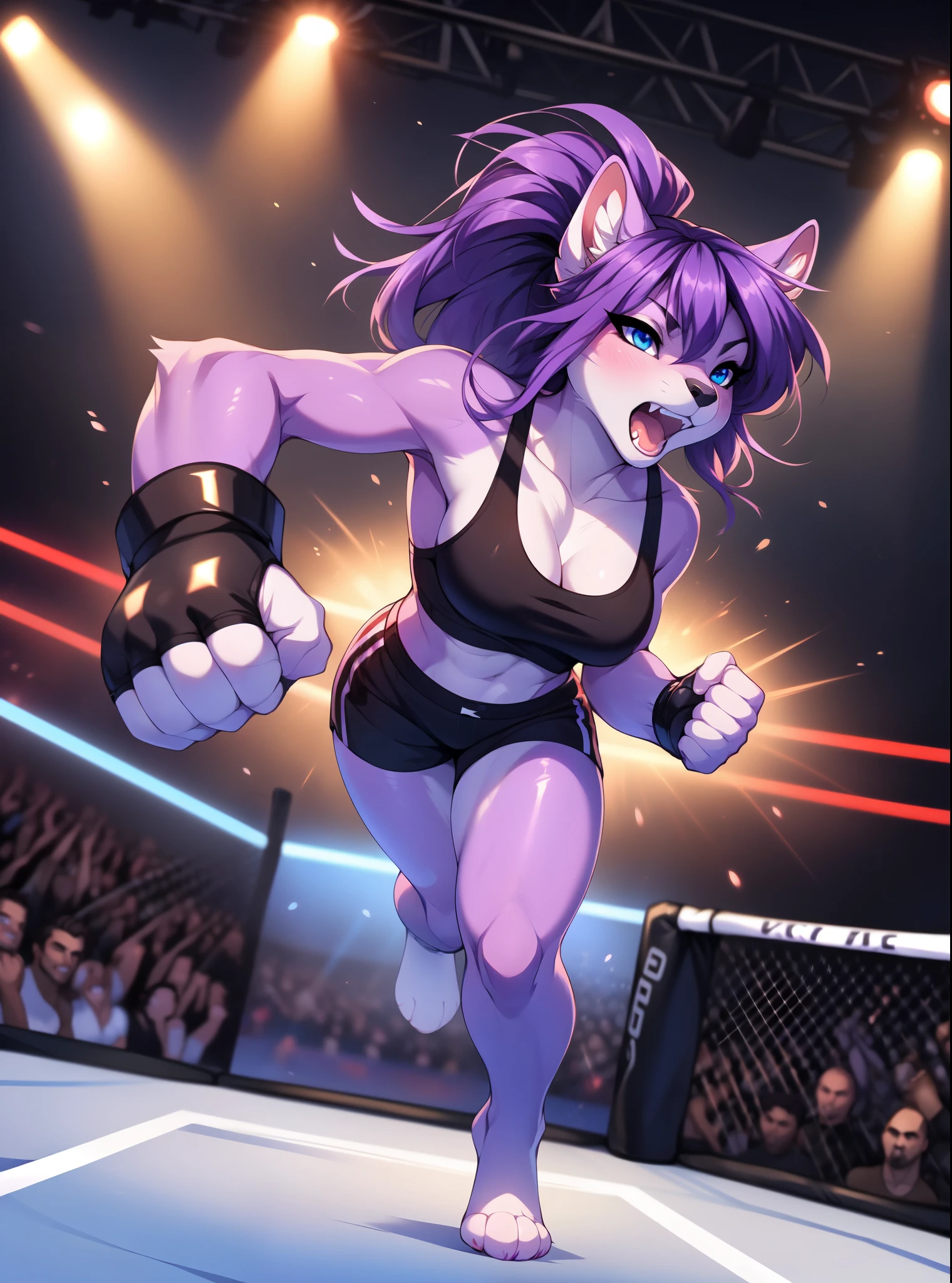 Kaori, purple squirrel girl, blue eyes, purple pony tail, purple hair, purple furry body, cute snout, black nose, by fumiko, by hyattlen, by hioshiru, wearing black tank top, black short shorts, barefoot, four toes, feet paws, wearing black ufc gloves, exposed fingers, hands balled into fists, facing viewer, pov, throwing a punch, perfect teeth, mouth open, furrowed eyebrows, angry eyes, in a ufc octagon ring, huge crowd in the background, high quality, perfect anatomy
