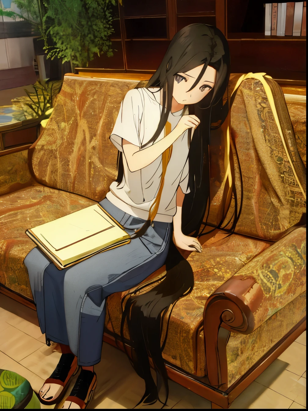 Arafad woman sitting on sofa，Carrying wallet on shoulder, extra long hair的女孩, Hair is particularly long, extra long hair, long hair女孩, 及腰long hair, asian girl long hair, very long black hair, very long hair, long hair, long hair直垂下来, very long flowing hair, Hair is long and messy