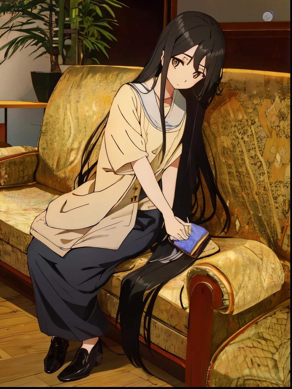 Arafad woman sitting on sofa，Carrying wallet on shoulder, extra long hair的女孩, Hair is particularly long, extra long hair, long hair女孩, 及腰long hair, asian girl long hair, very long black hair, very long hair, long hair, long hair直垂下来, very long flowing hair, Hair is long and messy