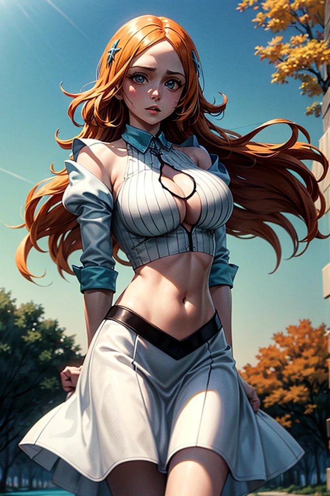 masterpiece, best quality, expressive eyes, perfect face, (cowboy shot), front view, blue eyes, orange hair, long hair, forest, fall, lake, sky, orihimedef, hair ornament, center opening, white dress, skirt, orihimedress, long sleeves, navel, midriff, detached sleeves