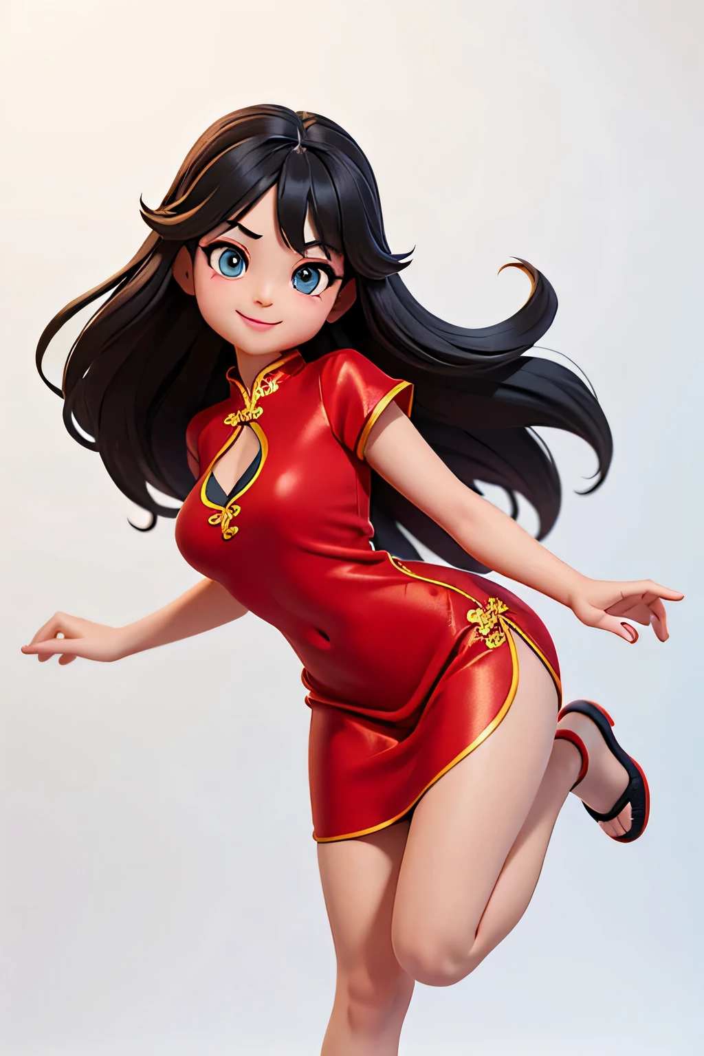 one,8k highly detailed, casual games, , 3D art style, Half body photo,White background,big eyes,black hair,Lovely,red cheongsam,,long hair,Smile,full,proudly,E杯,Business line,,Model posing