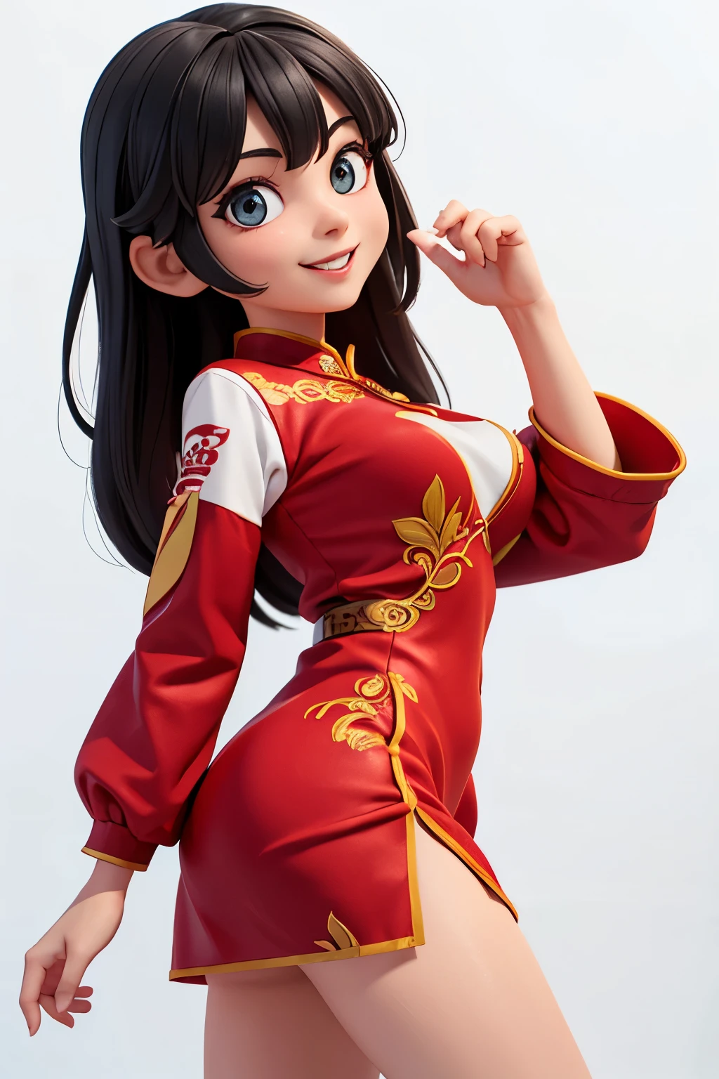 one,8k highly detailed, casual games, , 3D art style, Half body photo,White background,big eyes,black hair,cute,red cheongsam,,long hair,Smile,full,Proud,E cup,Business line,,Model posing