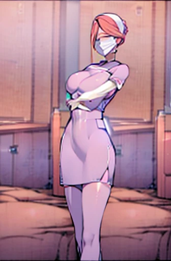 red nurse, 1womanl, Nurse, Nurse Cap, Redware, ((Red legwear, zettai ryouiki)), Red Elbow Gloves, Silver hair, Blue eyes, ((White surgical mask, Cover the nose)), Standing, ((surgery room)), sharp outline, Short sleeves, a matural female, 35 year old, Best Quality, masutepiece ,oversize