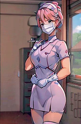 red nurse, 1womanl, Nurse, Nurse Cap, Redware, ((Red legwear, zettai ryouiki)), Red Elbow Gloves, Silver hair, Blue eyes, ((White surgical mask, Cover the nose)), Standing, ((surgery room)), sharp outline, Short sleeves, a matural female, 35 year old, Best Quality, masutepiece ,oversize boobs