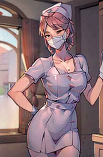 red nurse, 1womanl, Nurse, Nurse Cap, Redware, ((Red legwear, zettai ryouiki)), Red Elbow Gloves, Silver hair, Blue eyes, ((White surgical mask, Cover the nose)), Standing, ((surgery room)), sharp outline, Short sleeves, a matural female, 35 year old, Best Quality, masutepiece ,oversize boobs