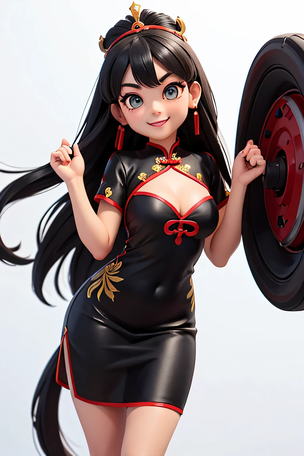 one,8k highly detailed, casual games, , 3D art style, Half body photo,White background,big eyes,black hair,Lovely,red cheongsam,,long hair,Smile,full,proudly,E杯,Business line,,Model posing,face shot