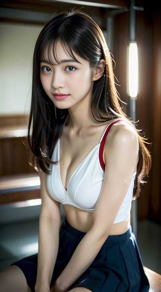 (((32k,high details,high detail、masterpiece,attention to detail,Full body Esbian,solo))),RAW photo & realistic atmosphere,beautiful dark blue eyes,detailed mouth,glossy lips,fine eyebrows,Detailedly drawn eyes、Soft white skin that shines in every detail、deep blue eyes,very beautiful eyes,detailed lips、very beautiful face,very well-shaped face、lifelike face,glossy beautiful lips, Realistic young gravure idol, very beautiful high school girl, , Young sensual gravure idol, young gravure idol, Beautiful and cute adult-like16 year old high school girl,the whole body is wet,dripped down,face is flushed,very beautiful, sexy and classy16 year old girl,medium-long brown shiny hair,hair is wet,dripping水,dripping,(look at the camera:1.4),(darkness,very dark,Use a flashlight to illuminate your subject in a pitch-black classroom with no lights:1.7),(Sexy,healthy and toned body,High Detail High Definition High Definition Japan HDTV Black HDTV High Definition Black High Definition Black High Definition High Definition Black High Definition High Definition Uniform,medium breasts with good shape,,,mature body, I feel anxious and want to cry,Moist eyes,cold smile,It was glaring,It was glaring顔も綺麗です,high resolution arm,,high resolution fingers,:1.5),(The chest of the uniform is wide open,Wearing black and red classy schoolgirl uniform、黒いパンストとSexy脚を着て直立して座り、lift your skirt shyly:1.7)、sit with legs apart、A glimpse of white underwear、Wet and sheer white underwear、