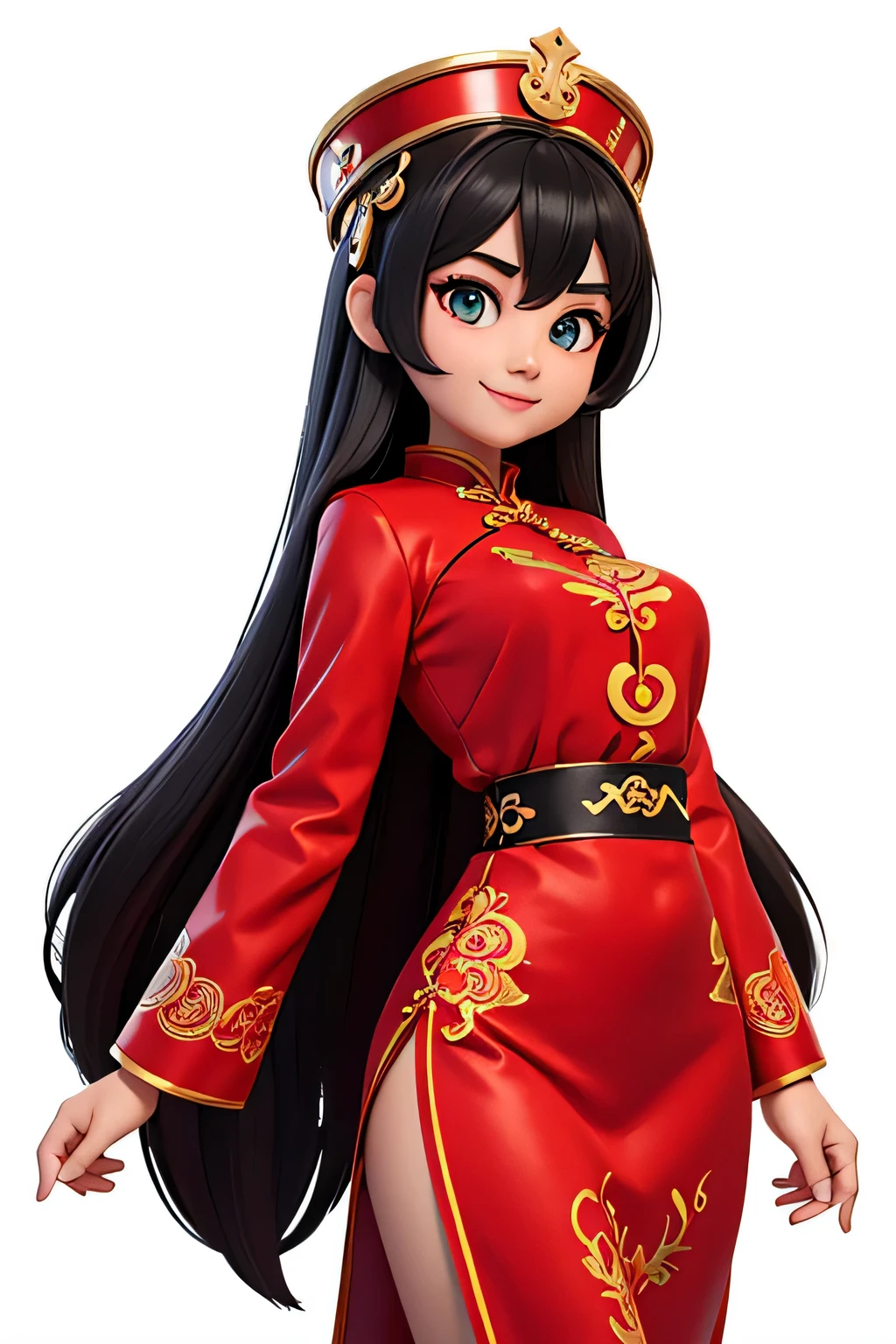 a woman,8k highly detailed, casual games, , 3D art style, Half body photo,White background,big eyes,black hair,Lovely,red cheongsam,,long hair,Smile,full,proudly,E杯,Business line,,Model posing,face shot