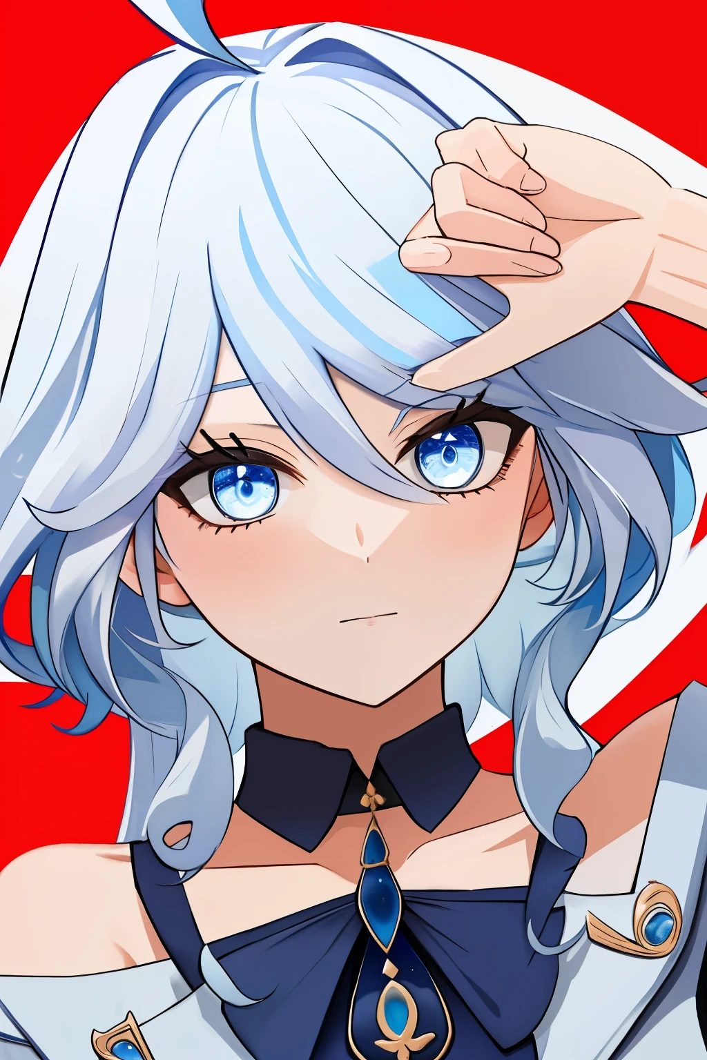 Furina,1girl,solo,long hair,ahoge,blue eyes,white hair,blue hair,bangs, finger frame, close up, off shoulder, collar bone, look at viewer, front, disgust,