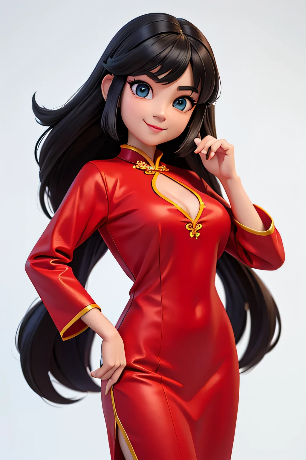 a woman,8k highly detailed, casual games, , 3D art style, Half body photo,White background,big eyes,black hair,Lovely,red cheongsam,,long hair,Smile,full,proudly,E杯,Business line,,Model posing,face shot