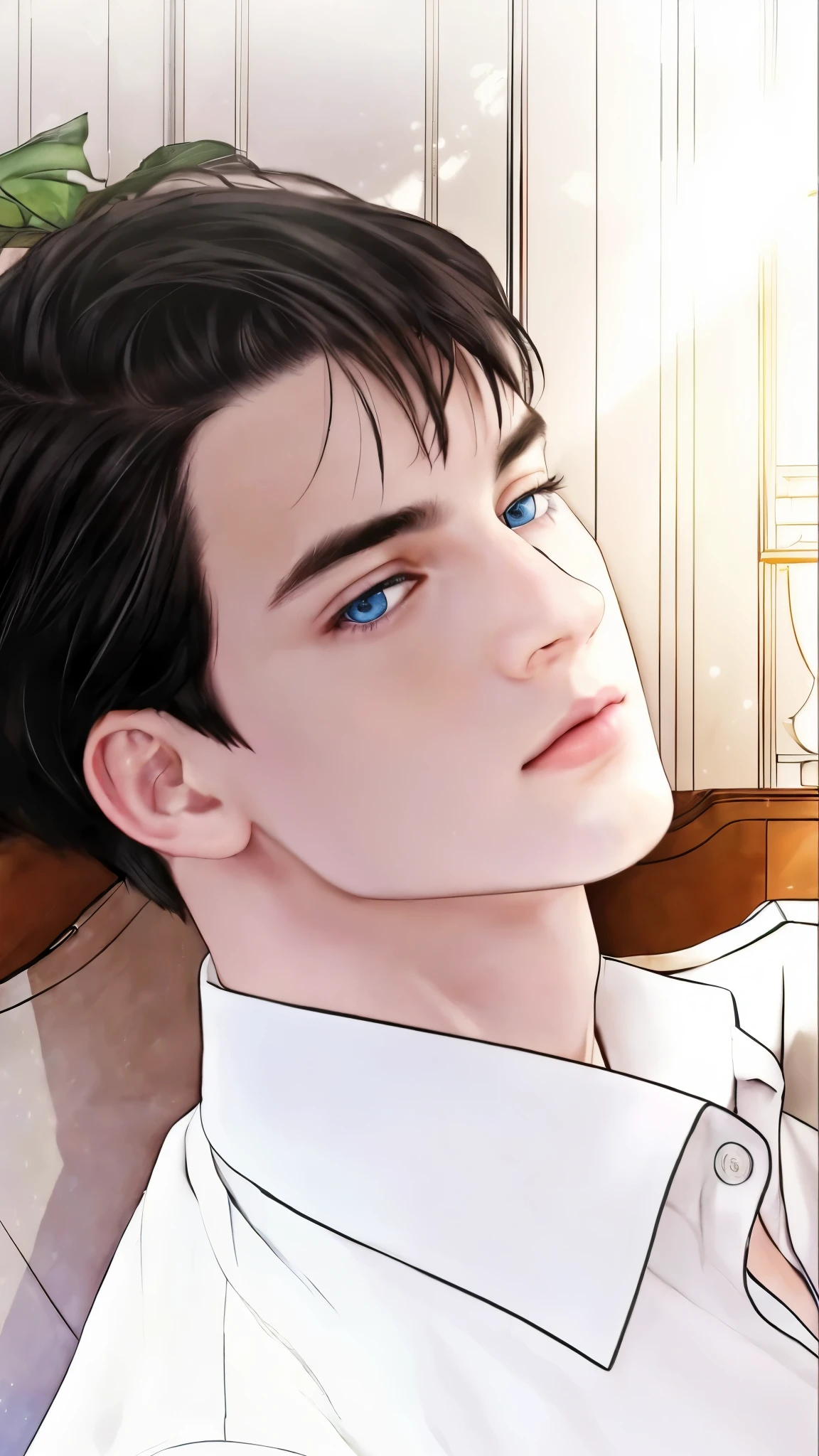 (best quality,4k,8k,highres,masterpiece:1.2),ultra-detailed,(realistic,photorealistic,photo-realistic:1.37),portrait,boy,black hair,blue eyes,white shirt, looking at you