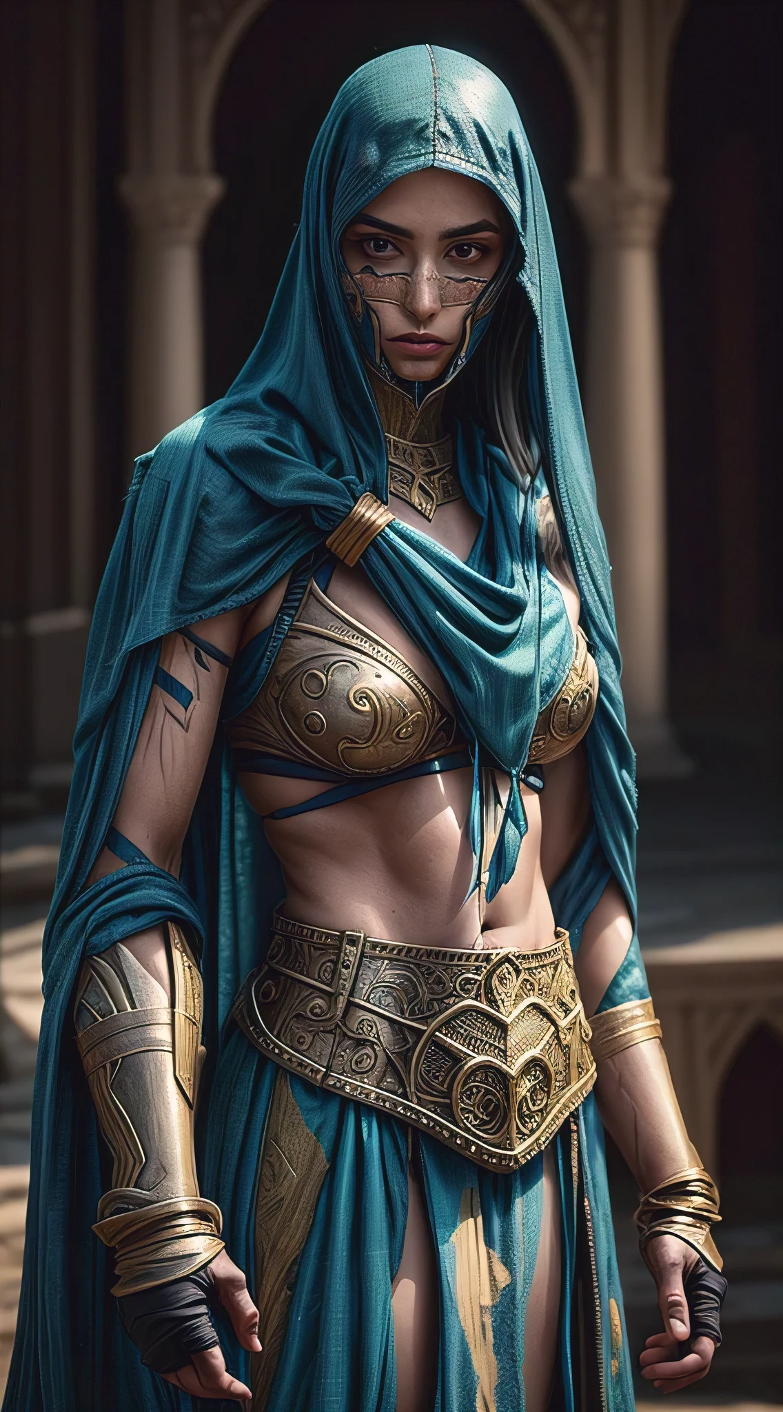 A photograph capturing a mythic Goliath Guard, her medieval Arabian attire and unique, insect-like armor standing out against the historic backdrop of Baghdad. her muscular, fit body and distinct, Neanderthal visage, devoid of facial hair, tell a story of strength. The scene unfolds under the enchanting aura of 1001 Nights, shot on a Canon 5D Mark II with a raw style, avoiding close-ups to emphasize her stature