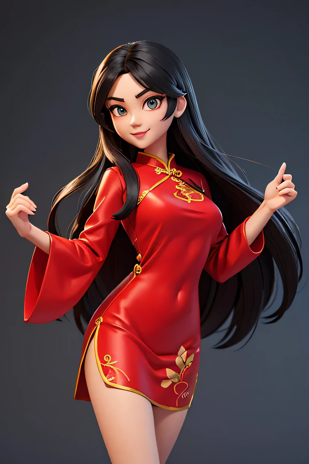 a woman,8k highly detailed, casual games, , 3D art style, Half body photo,White background,big eyes,black hair,Lovely,red cheongsam,,long hair,Smile,full,proudly,E杯,Business line,,Model posing,face shot
