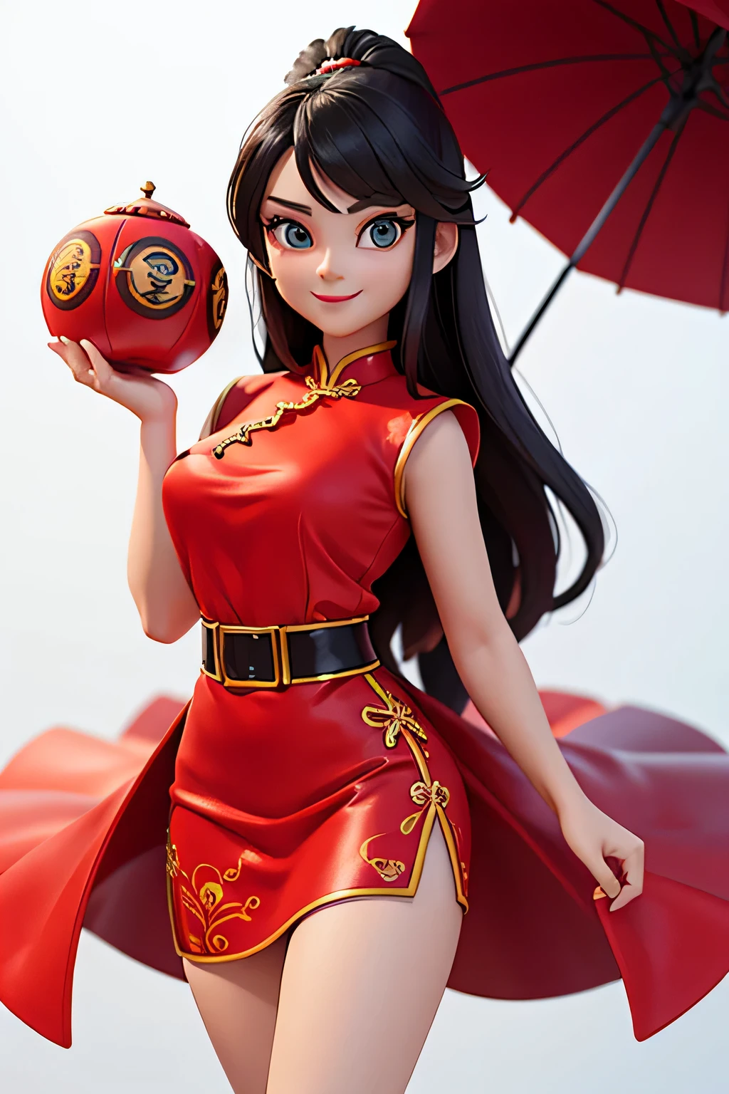 a woman,8k highly detailed, casual games, , 3D art style, Half body photo,White background,big eyes,black hair,Lovely,red cheongsam,,long hair,Smile,full,proudly,E杯,Business line,,Model posing,face shot
