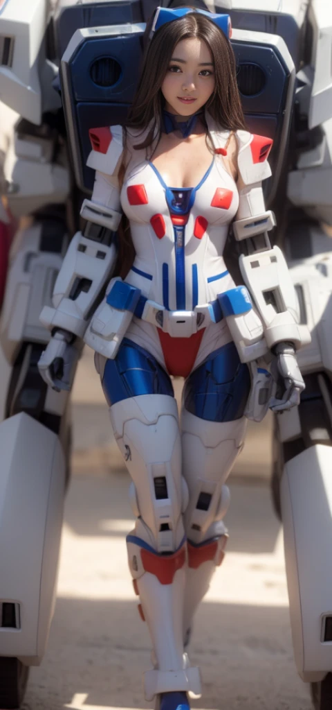 (highest quality), (masterpiece),beautiful girl、rocket boobs， Personification of Mobile Suit Gundam F91, Great highlights of the upper body, Powerful Mechs,beautiful girl, baby face, Nose and chin are not noticeable, Neat smile, medium hair, sagging eyes, moist wet rather thick thighs,,,,,,,, attractive waist, No panties, loincloth, Absolute area,sexy，Gundam style cosplay，Mecha armor type micro bikini、（red、blue、White、Colored Gundam style armor type micro bikini）