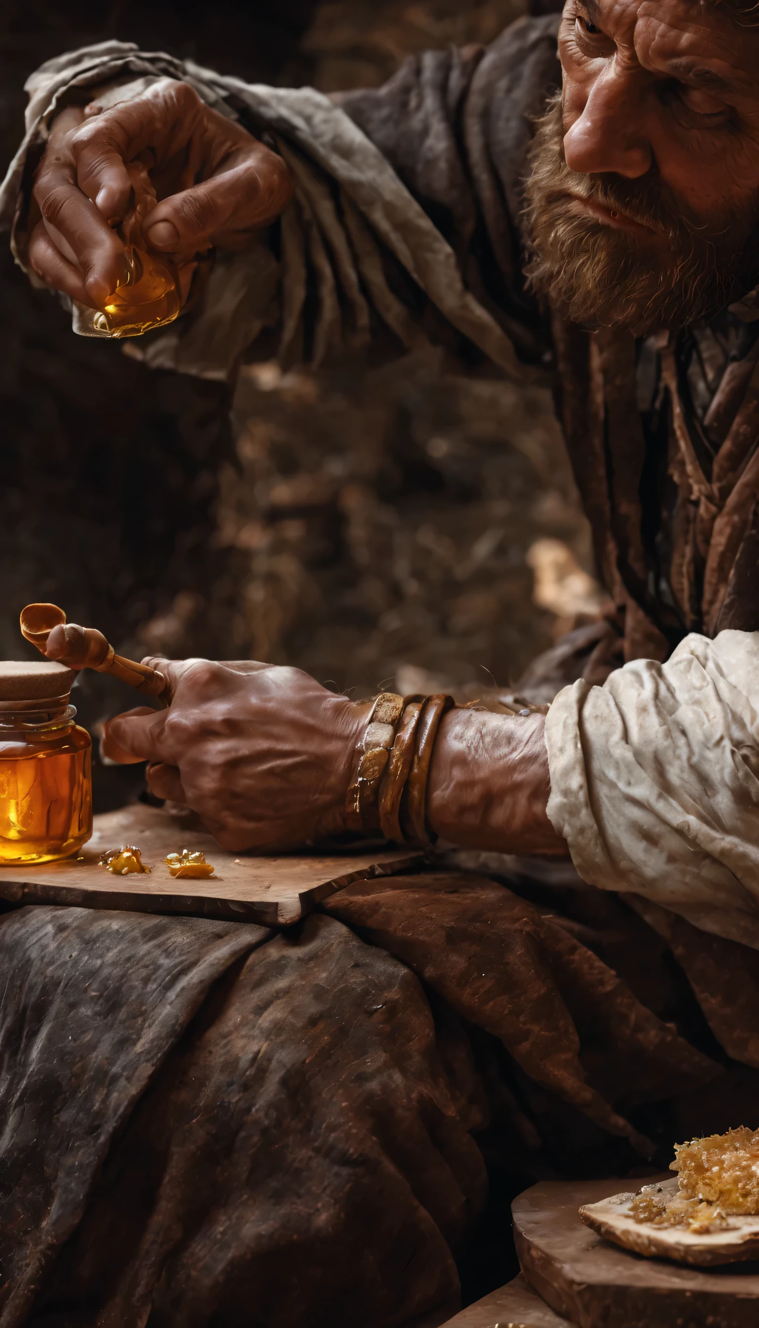 medieval, The image includes pages of these texts and shows an injured merchant applying honey to his wrists., Demonstrates widespread use of honey as an effective treatment for various injuries and burns., amazing, 가장 amazing, surreal, Wideshot, 4K, detailed, masterpiece, best quality, high quality, anatomically correct, textured skin, high details, super detail, 1080p, UHD, HD