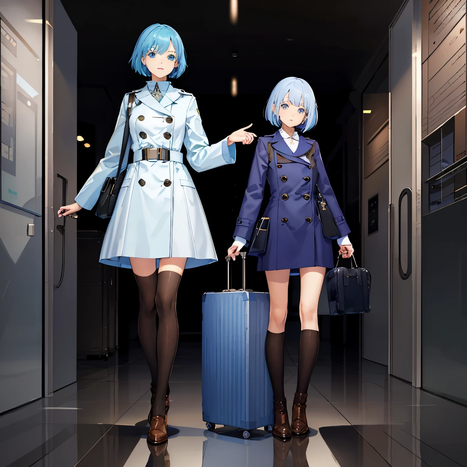 first-class、high resolution、one beautiful girl、whole body、Light blue bob cut hair、blue eyes、British style one piece coat、Travel trunk、knee high socks、Brown leather boots